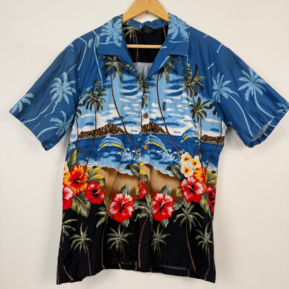 Palmwave Hawaiian Shirt Tropical Dolphin Hibiscus Mens Large‎ Blue Beach Aloha